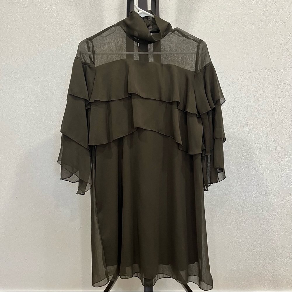 Zara Dark Olive Green Long Sleeve Layered Chiffon Dress